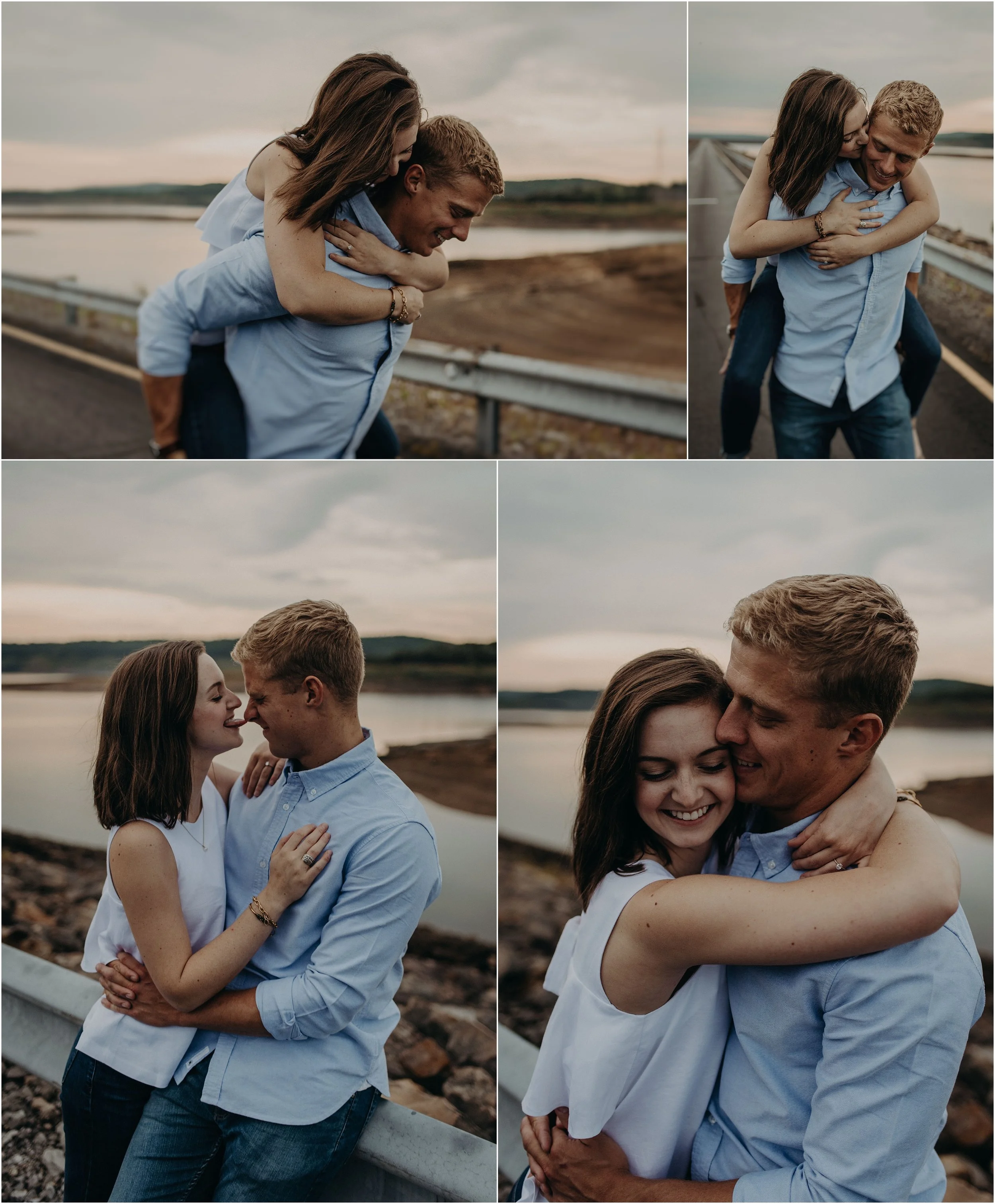 Cute couple portraits on the side of the road next to a mountain reservoir