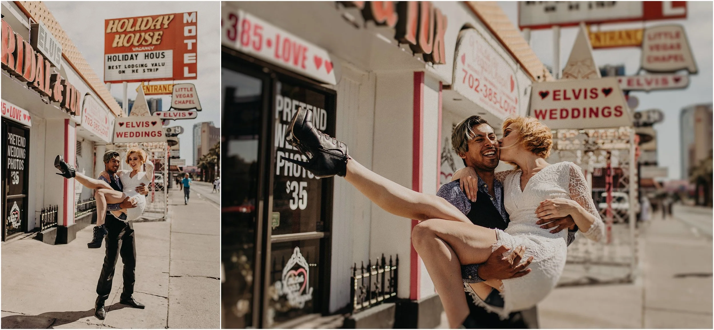 Sweetheart kisses outside the Little White Chapel after an elopement in Las Vegas, Nevada