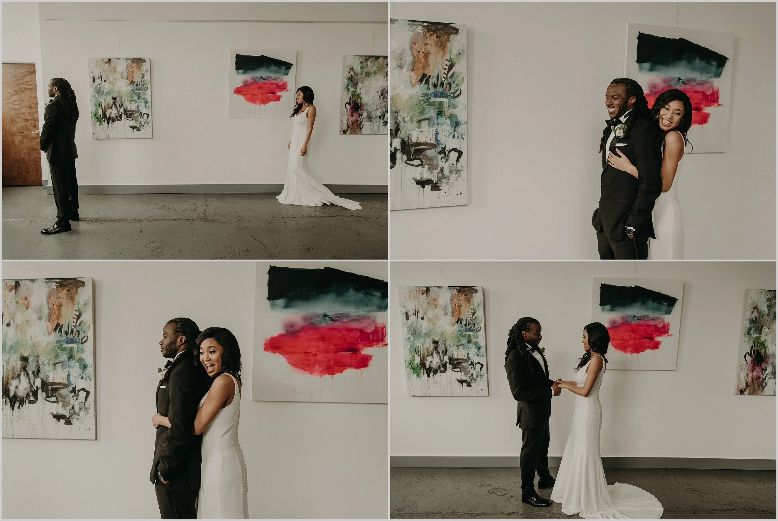 Bride and groom first look in this art gallery loft