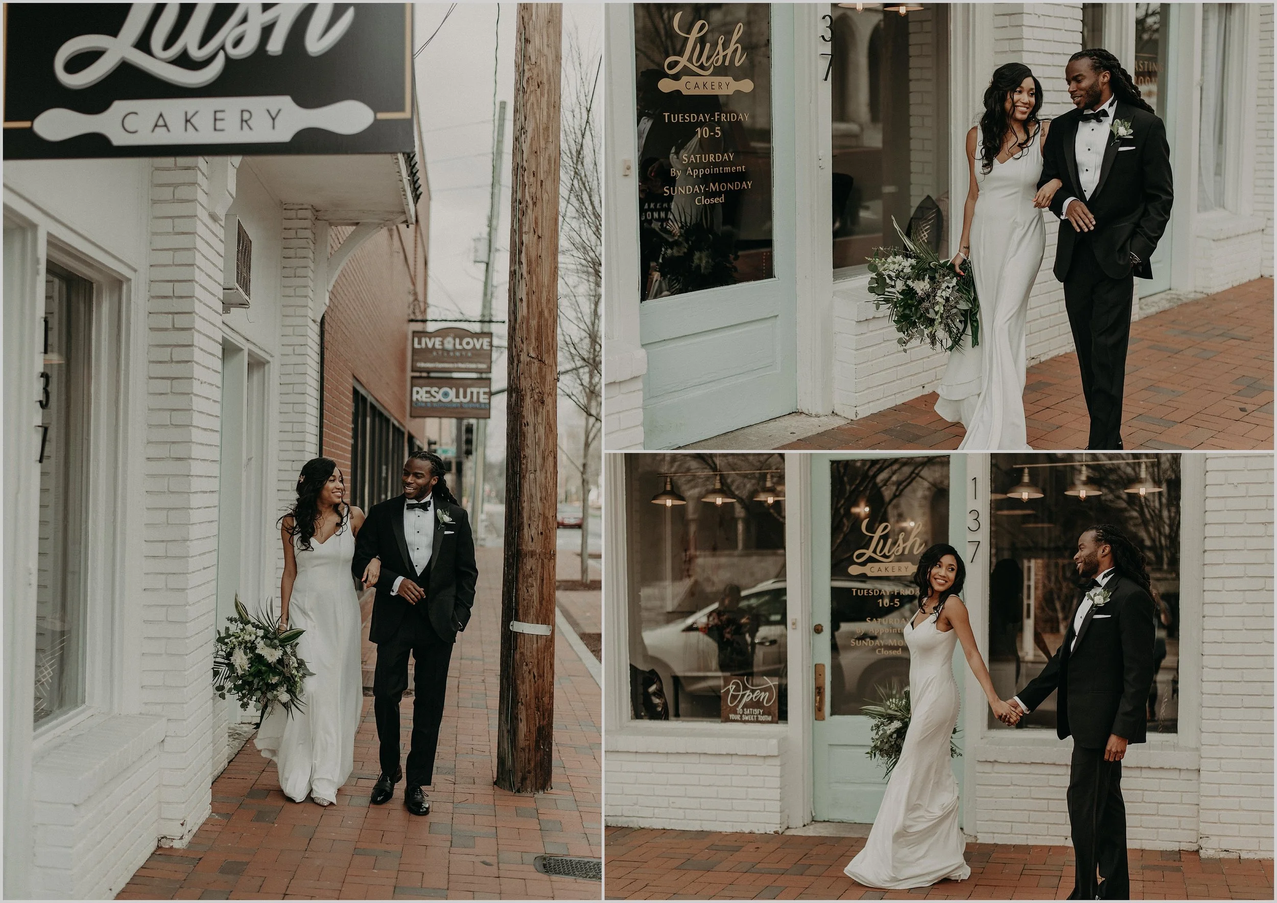 Wedding couple strolls down the cobblestone streets in Marietta, Georgia