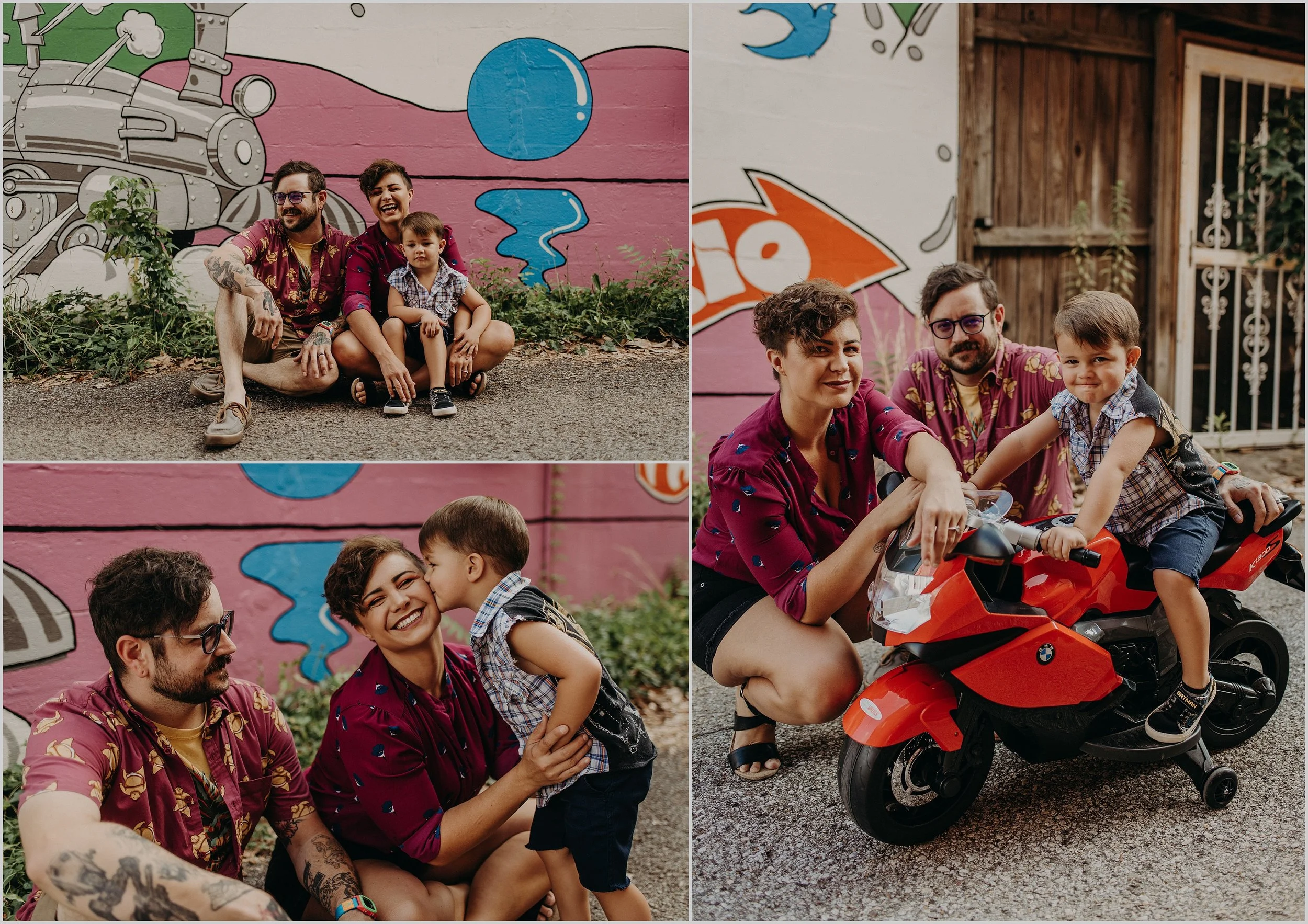 An urban family photo session in downtown St. Elmo in front of an artistic wall mural