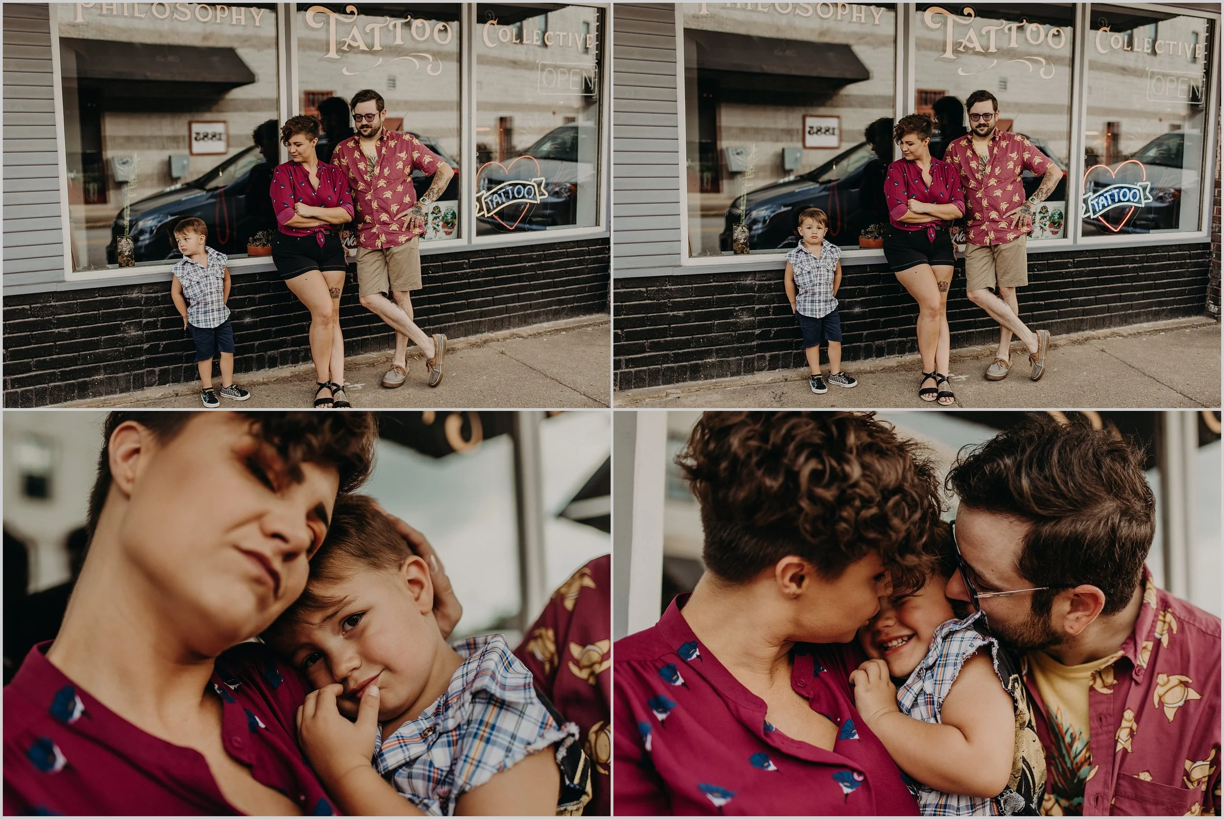 Alternative urban family photo session in front of a tattoo parlor