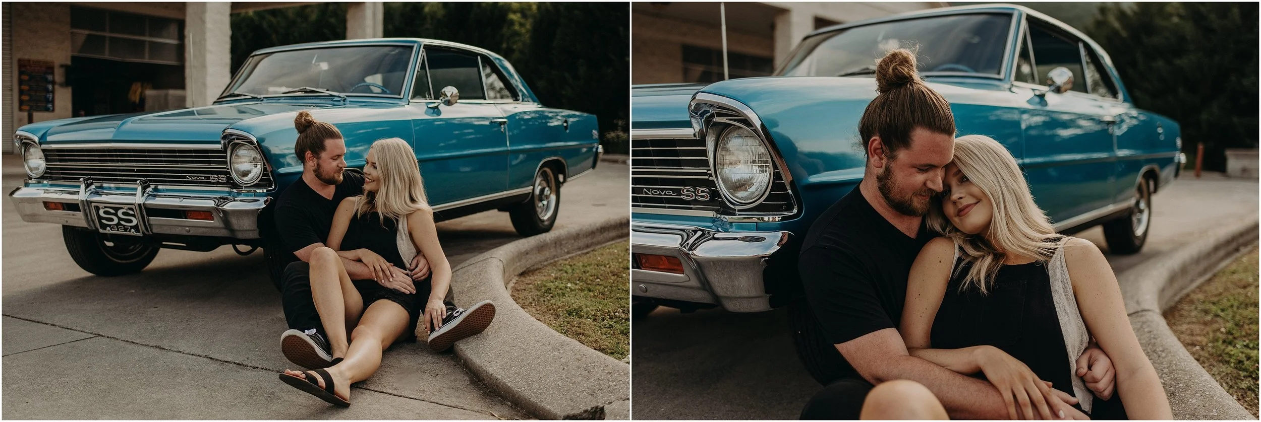 Couple sits together in the parking lot in front of a Chevy Nova SS