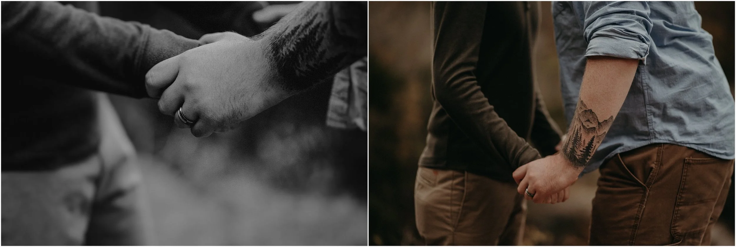 Close-up of the tattoos around Justin’s arm as he and Bradley hold hands during their engagement session