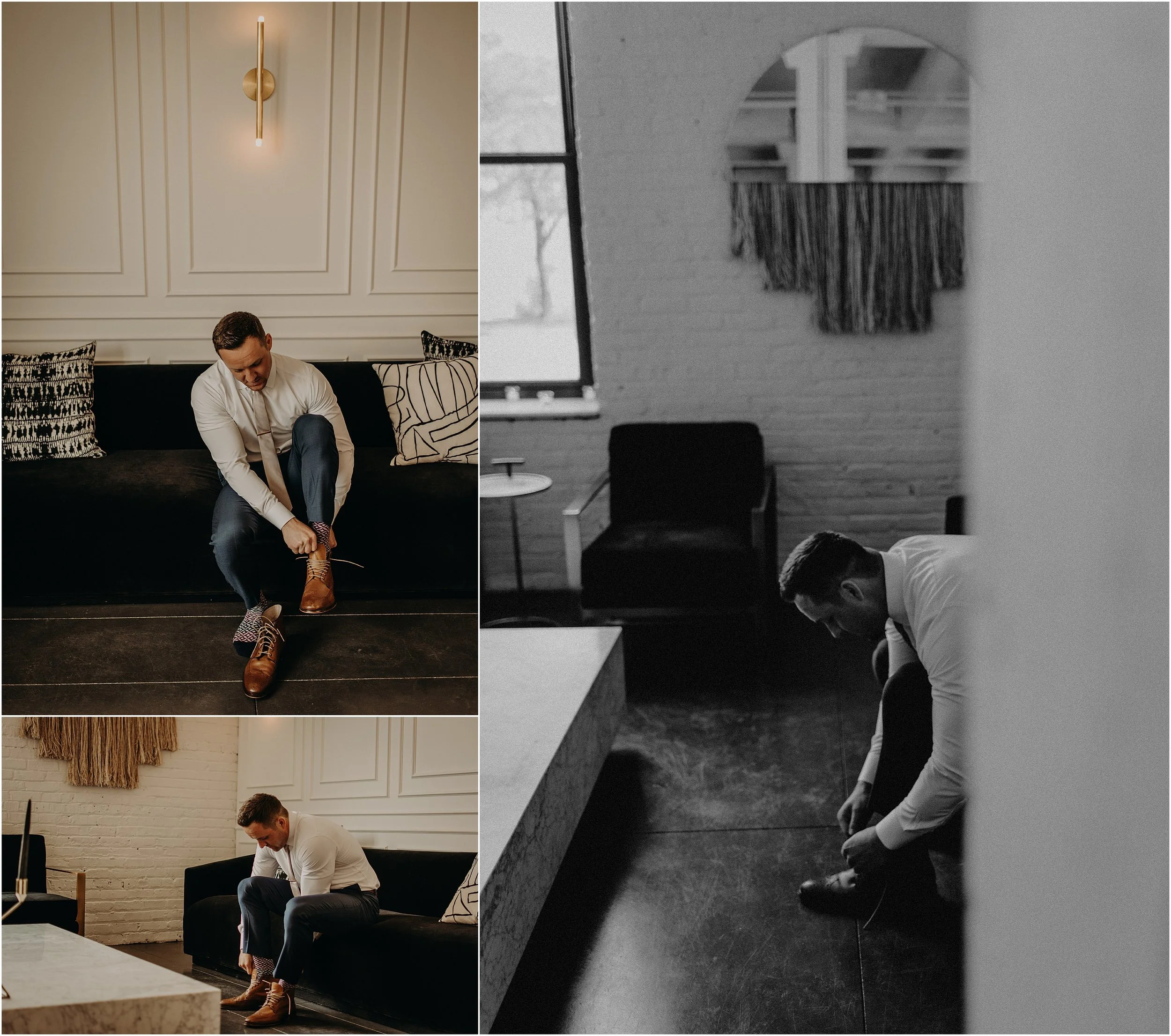 The groom ties his shoes in the chic sitting area of Company 251