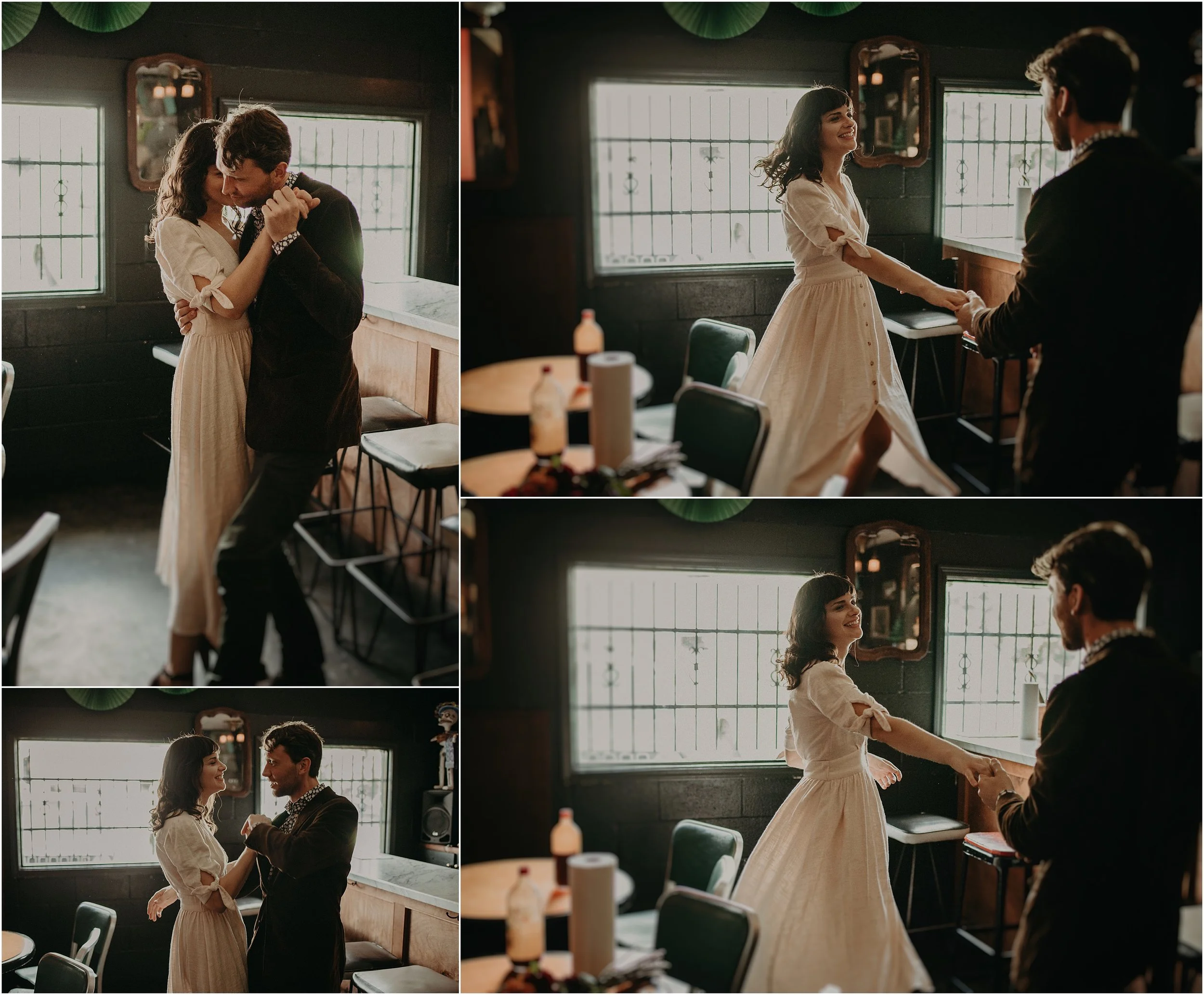 The bride and groom share their first dance in the Mas Tacos restaurant in Nashville, Tennessee