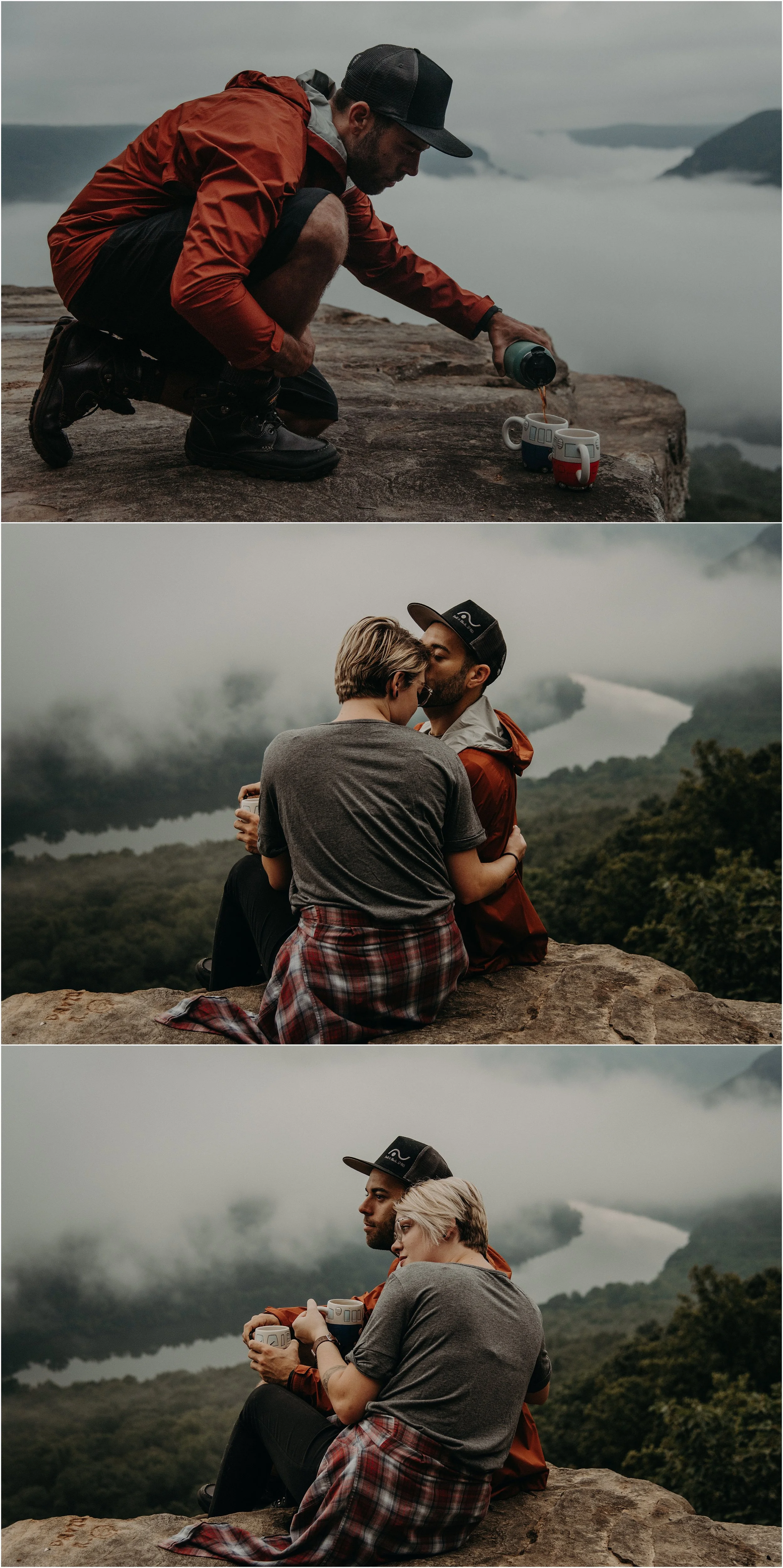 Adventurous couple shares a cup of coffee at sunrise on Snooper’s Rock overlooking the Tennessee River