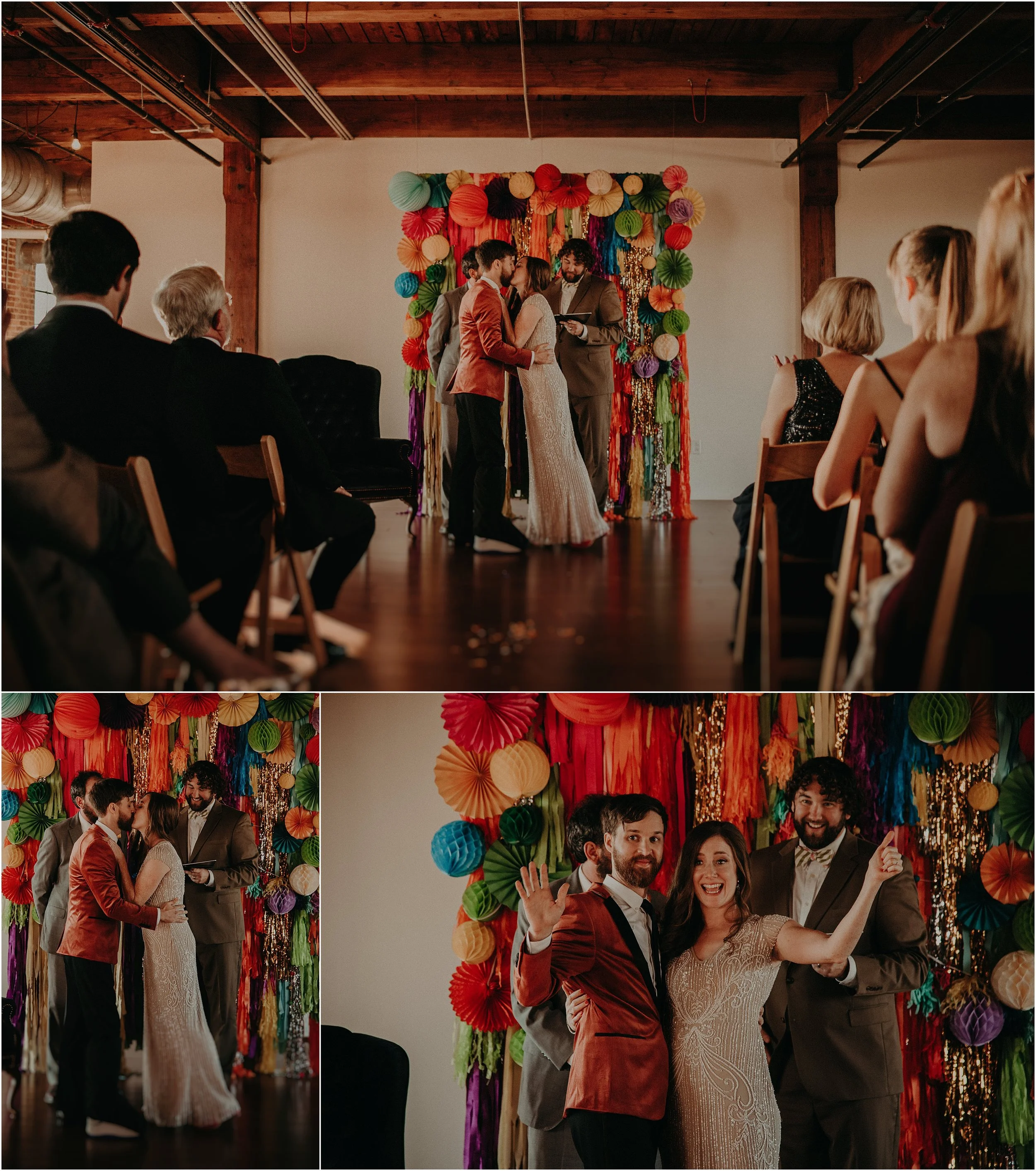 Exciting festival inspired ceremony and the bride and groom share their first kiss