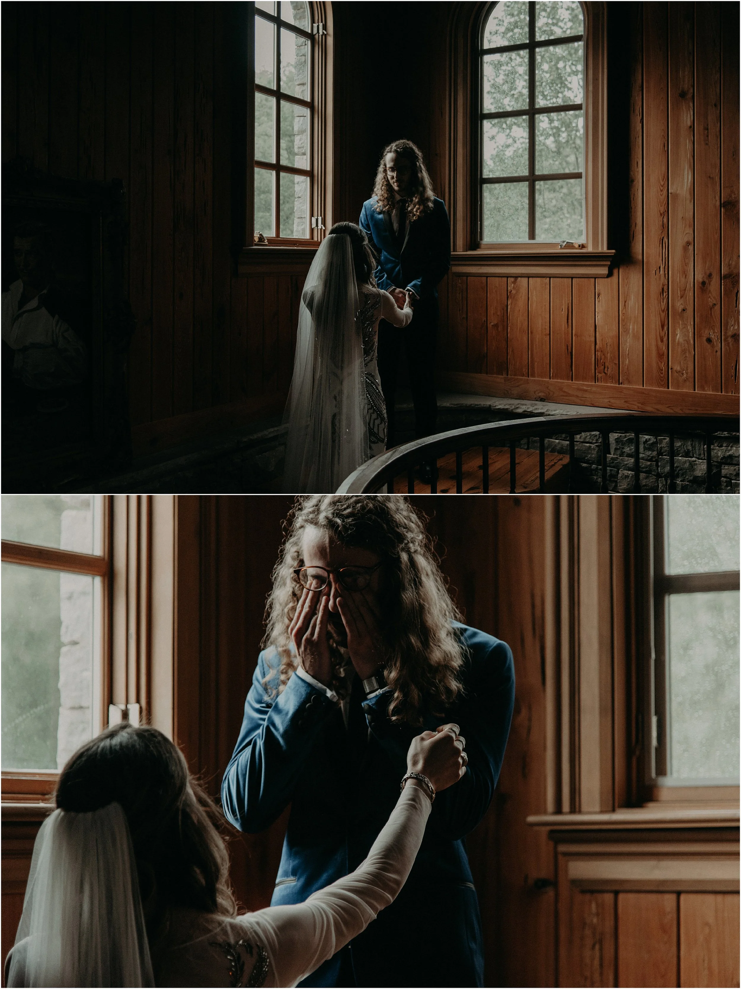 Wedding couple prays together during their First Look at this Nashville, Tennessee estate wedding