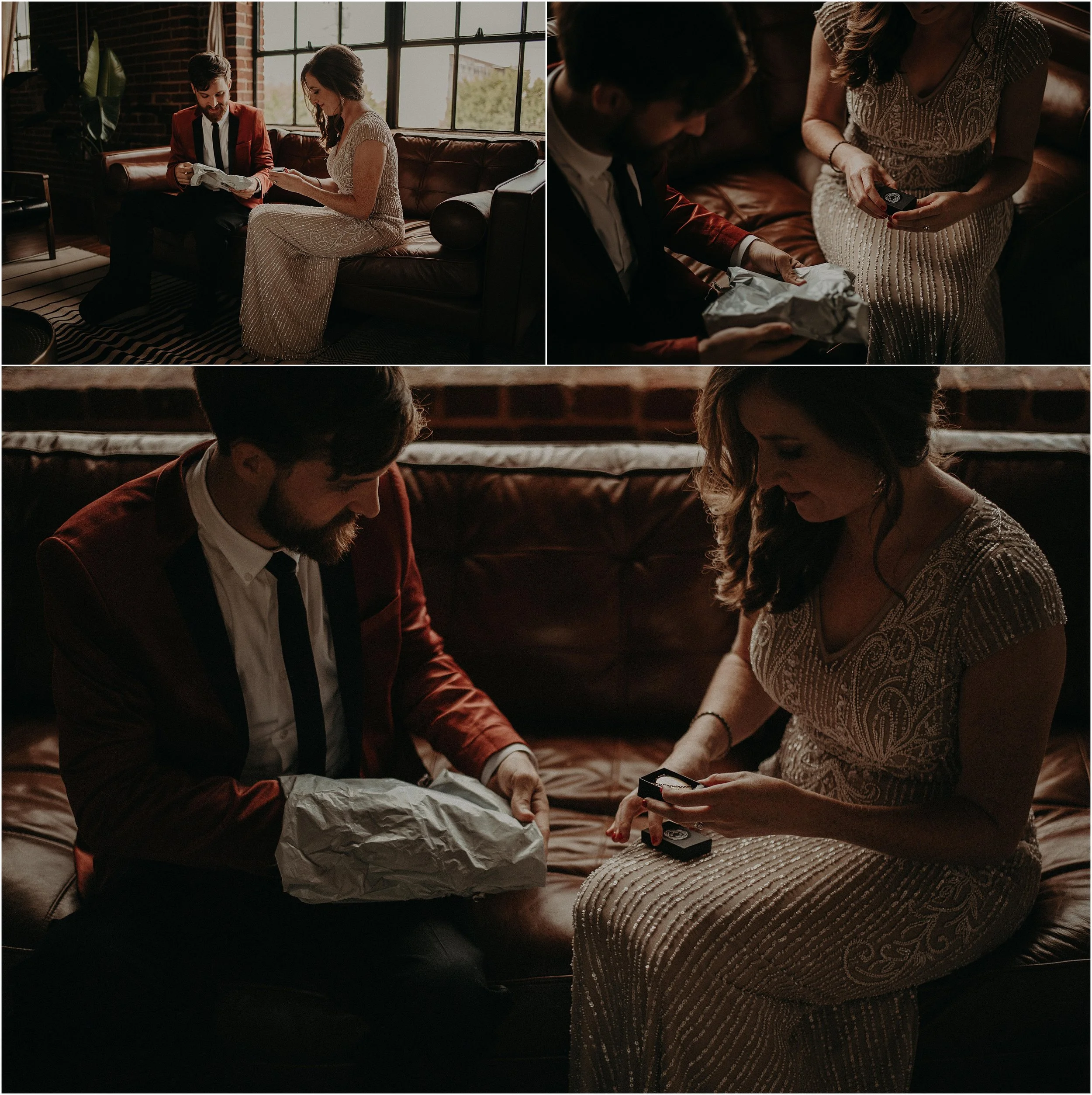 Wedding couple exchange gifts during their first look in the wedding suite of The Turnbull Building in Chattanooga, Tennessee