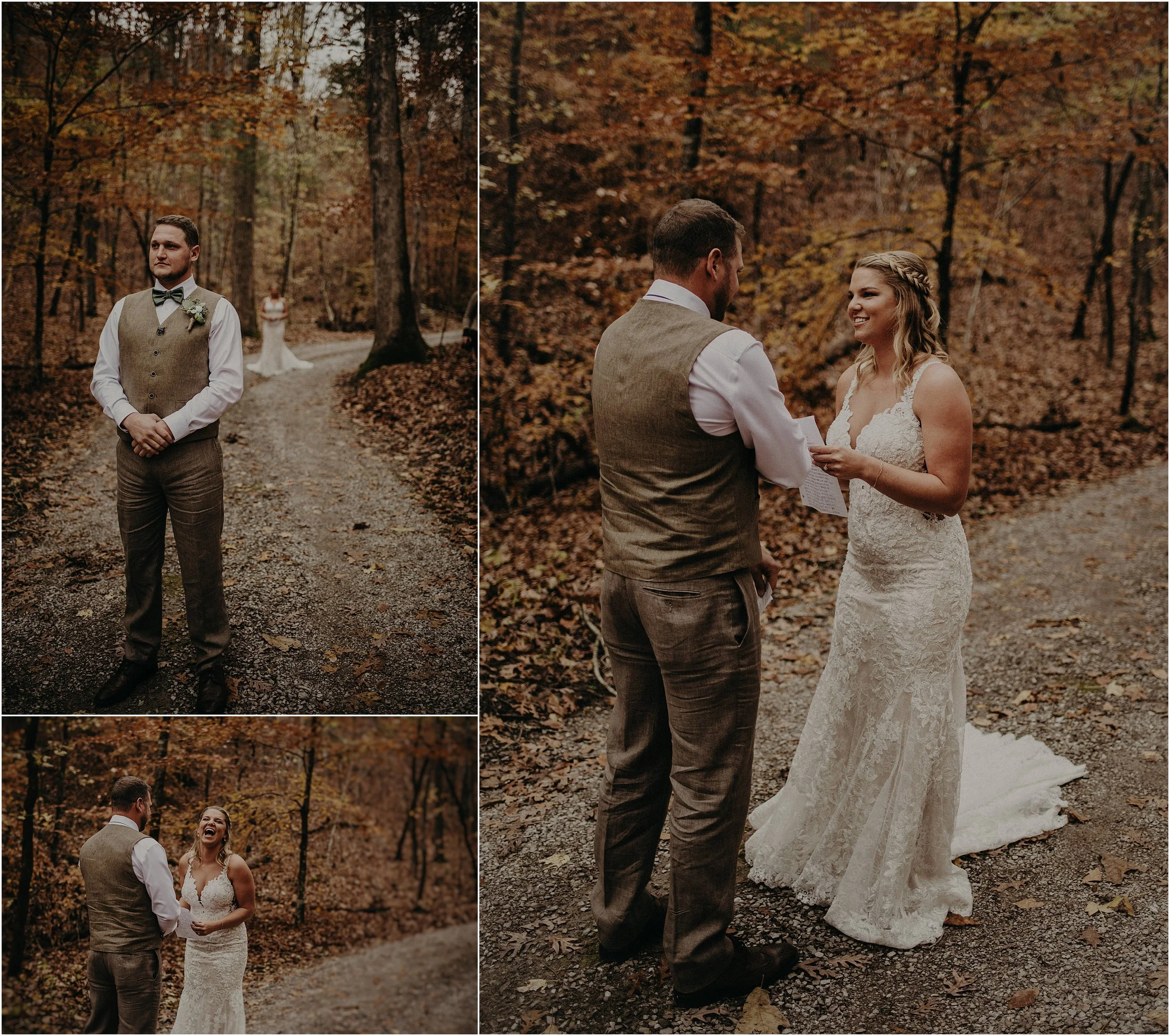 Couple reads letters to each other during their first look in the fall forest