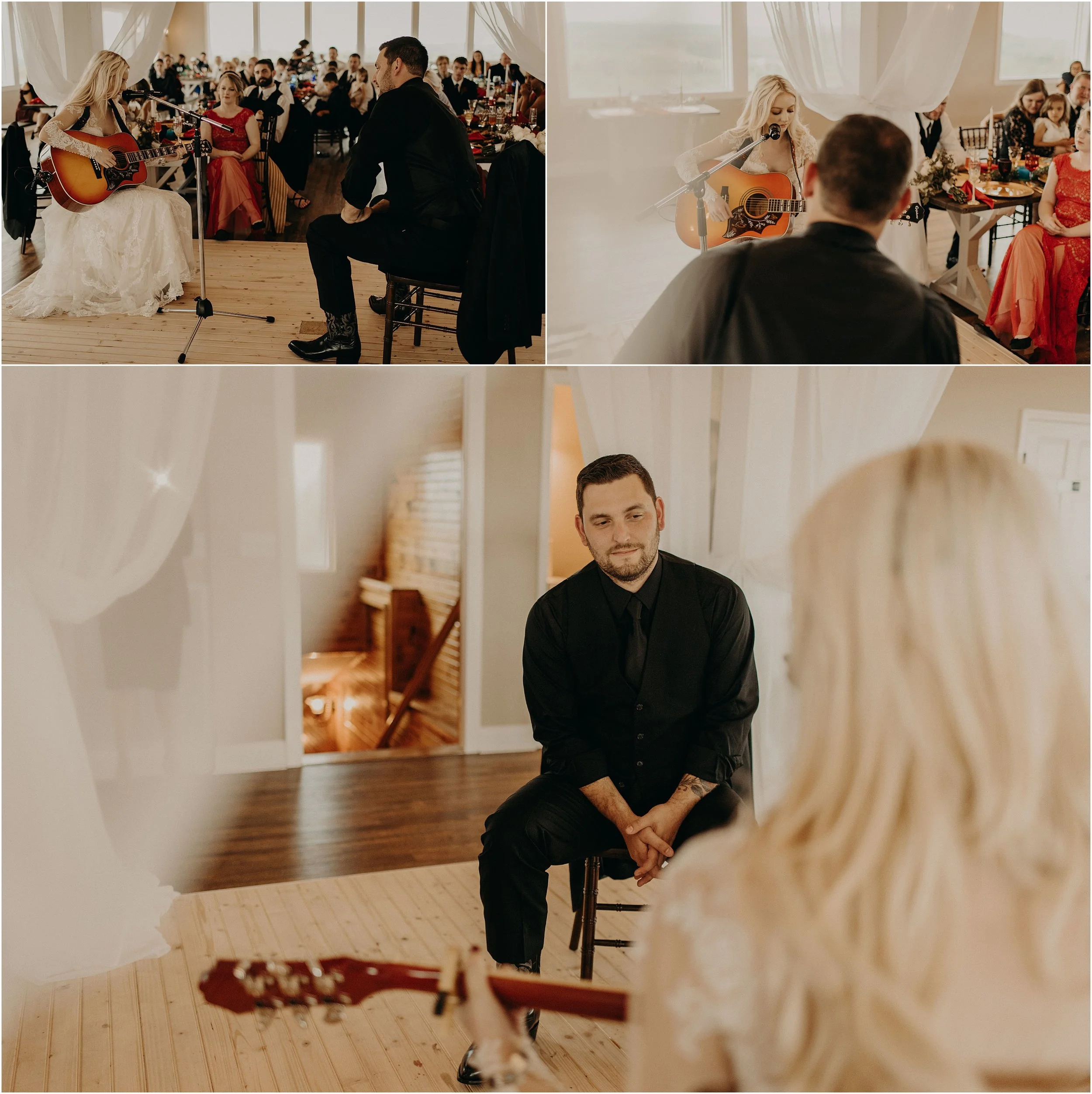 The bride performs a Johnny Cash song for her groom during their wedding reception