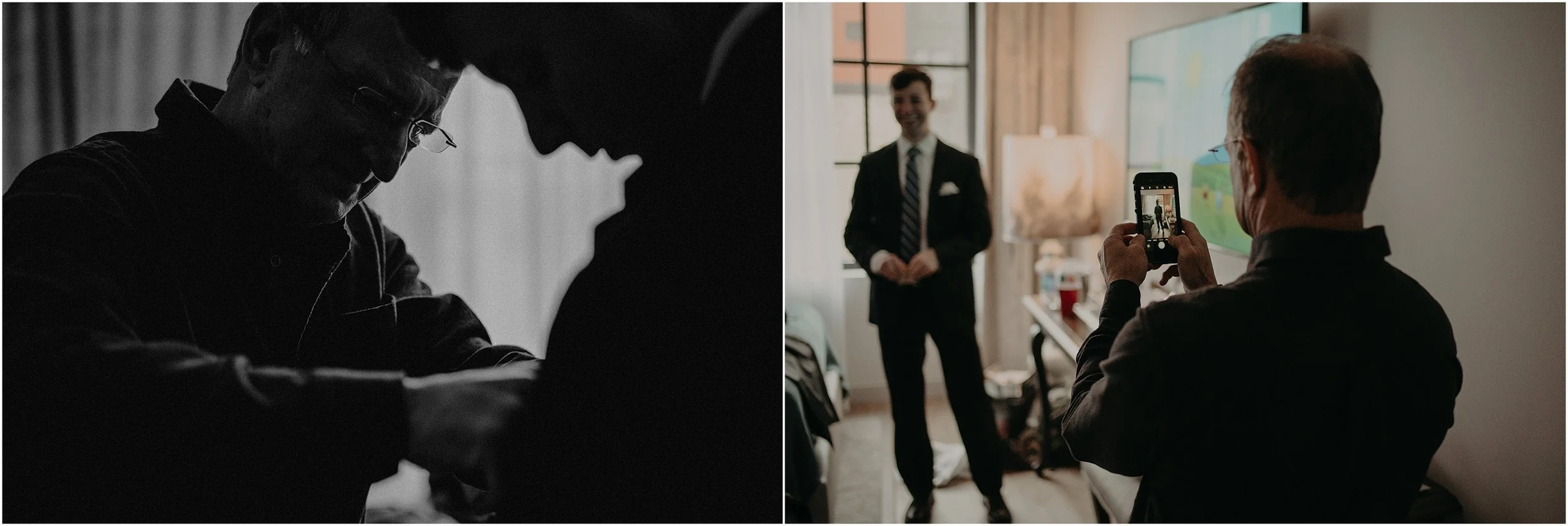 The groom’s father helps him with the final details