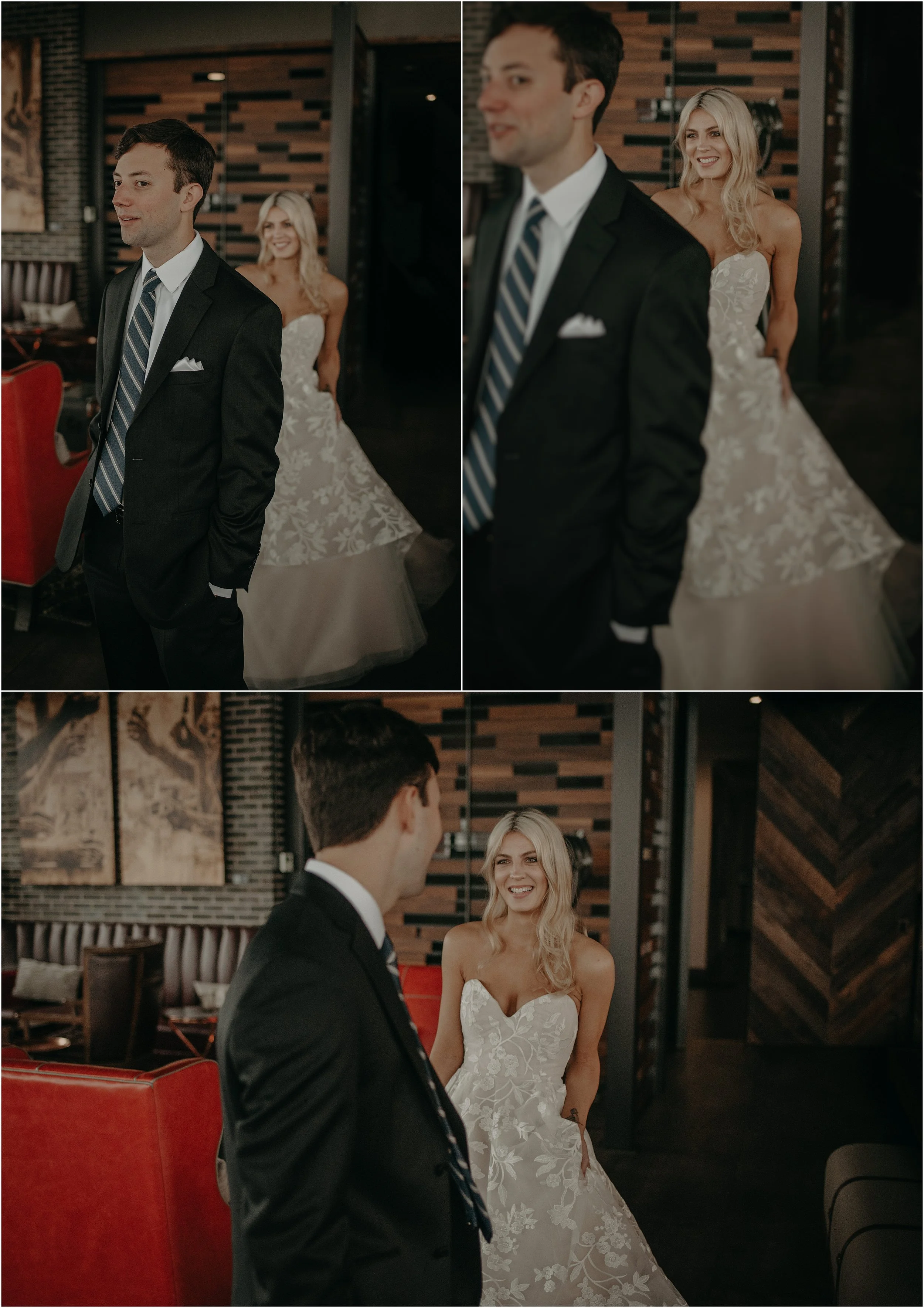 The bride and groom’s first look in the Whiskey Thief Lounge at The Edwin Hotel