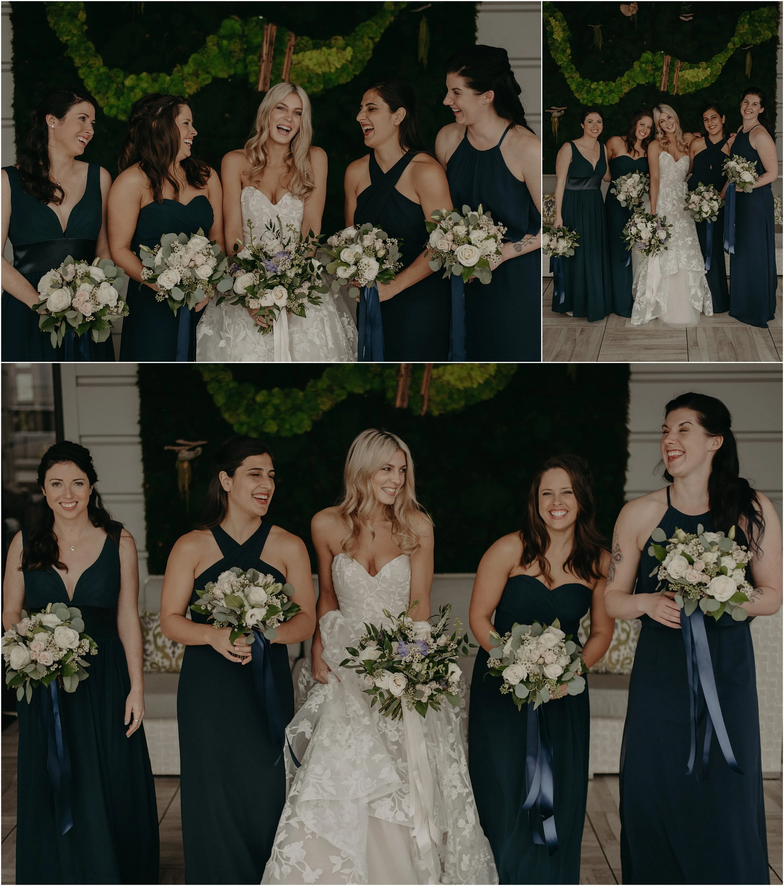 The bridesmaids wore navy blue with floral design by May Flowers