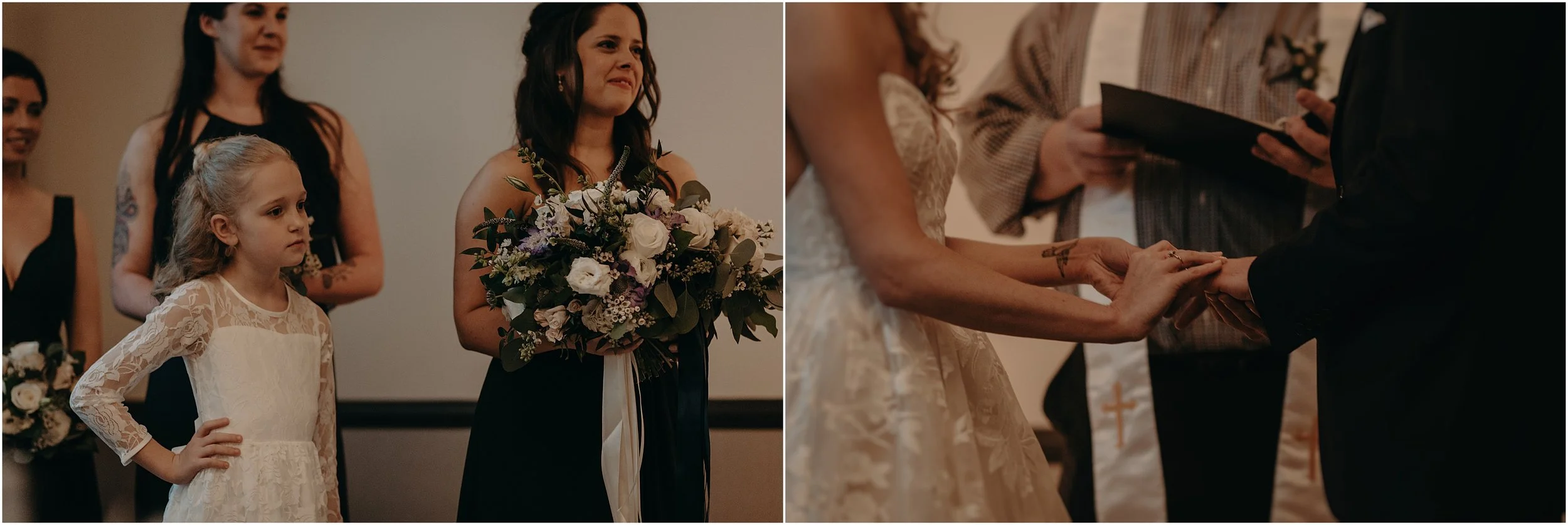 The flower girl looks on while the bride places the ring on the groom