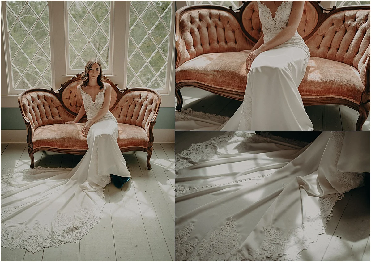 bride in white wedding dress sitting on pink antique couch
