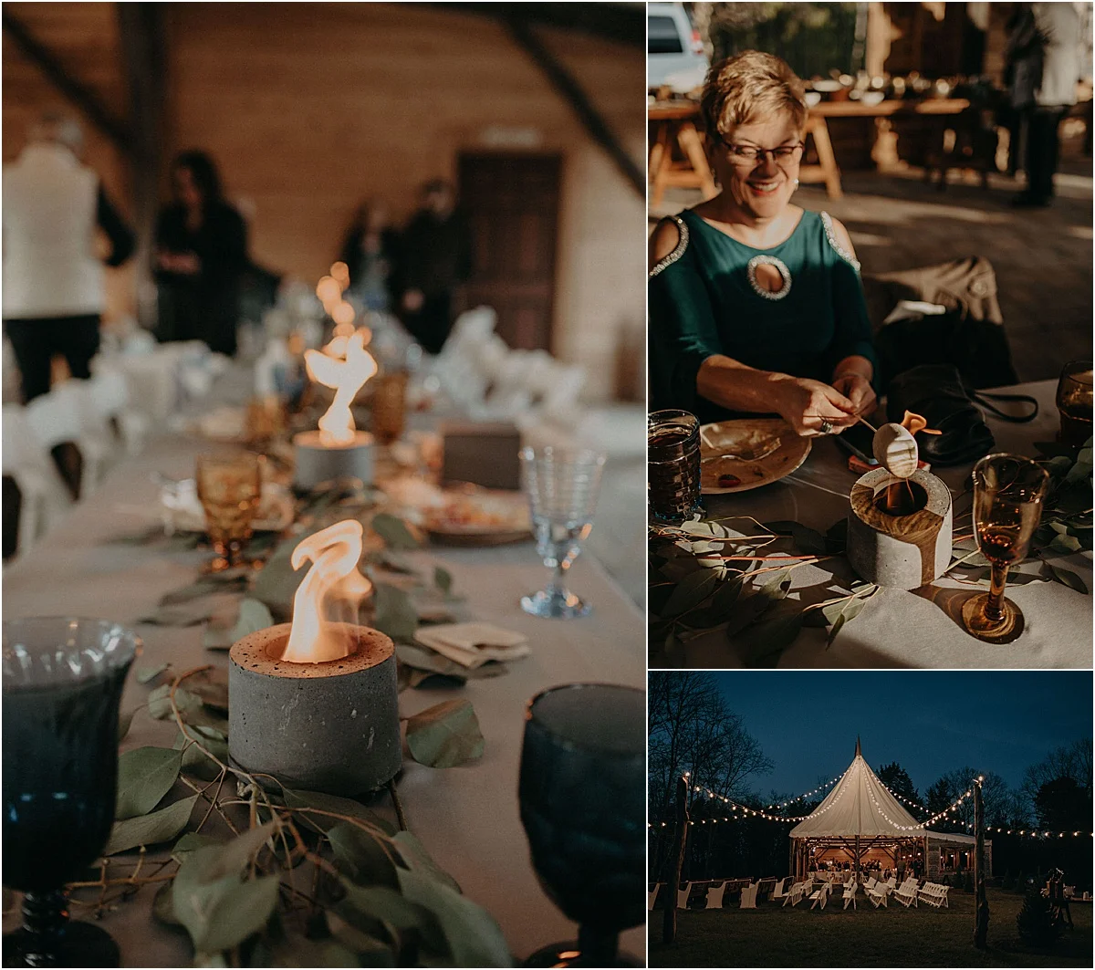 guest roasting marshmallow on fireplace at outdoor wedding reception