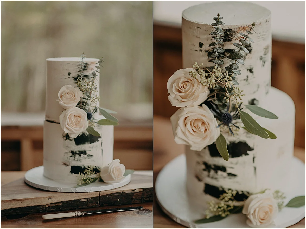white and green wedding cake with floral details