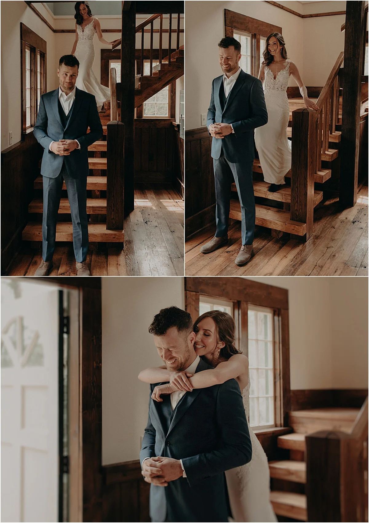 bride walking downstairs to groom for first look before ceremony