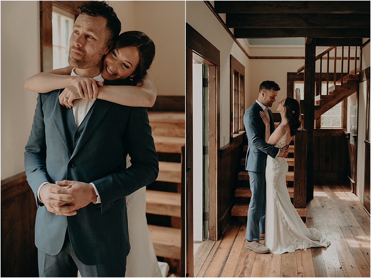 bride embracing groom during first look before wedding ceremony