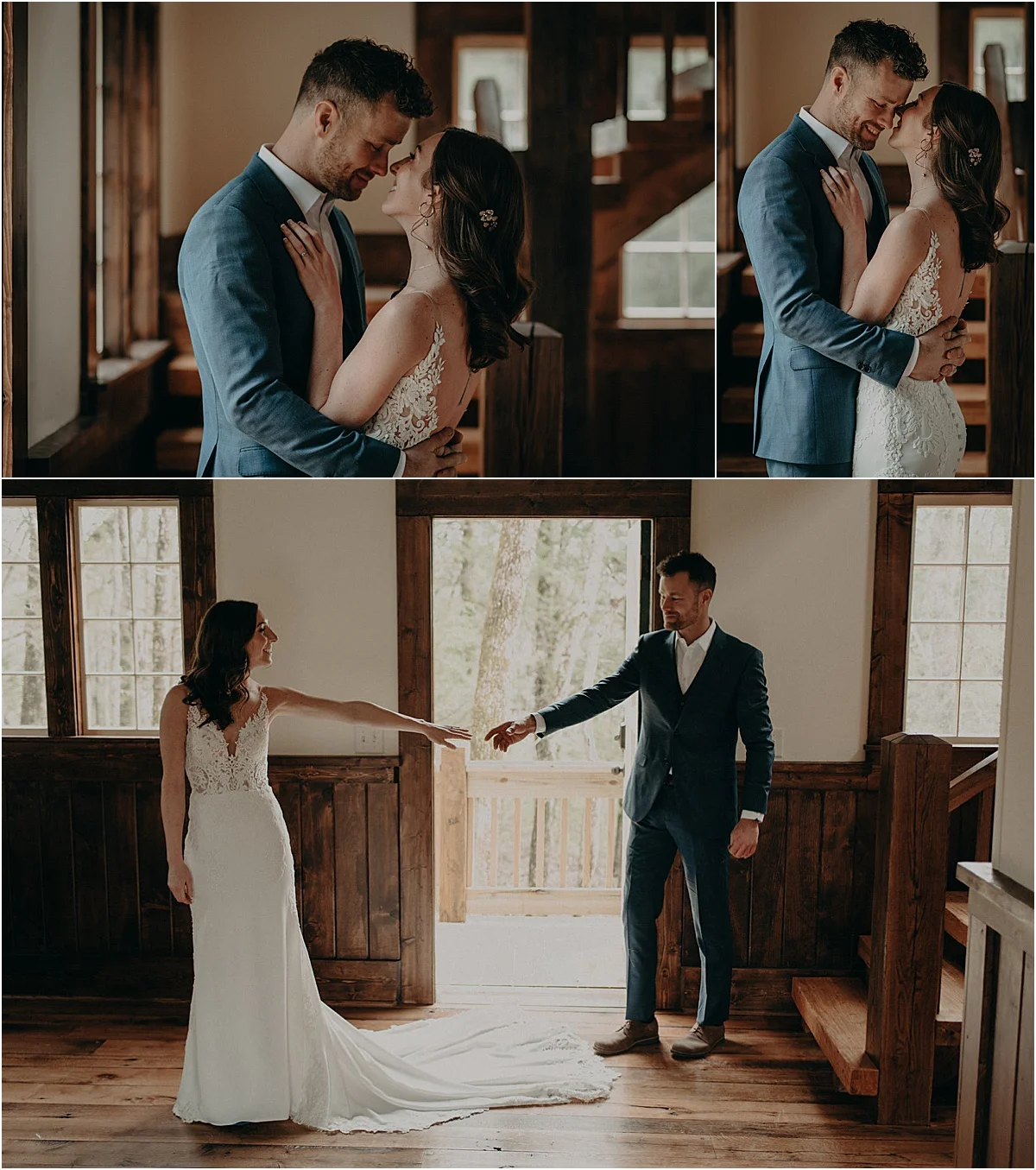 bride and groom embracing during first look before wedding ceremony