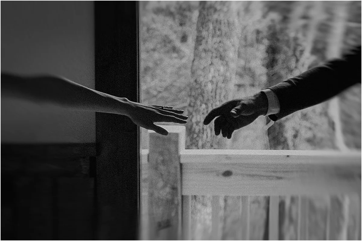 hands of bride and groom reaching out towards each other