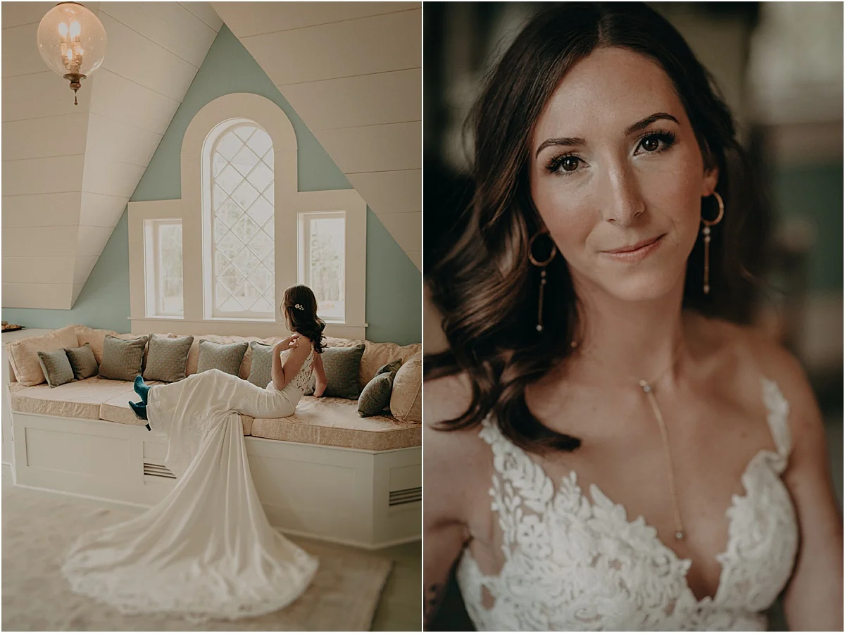 bride in white wedding dress sitting on a window seat