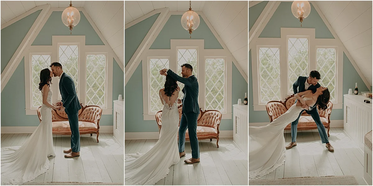 bride and groom dancing in a blue room