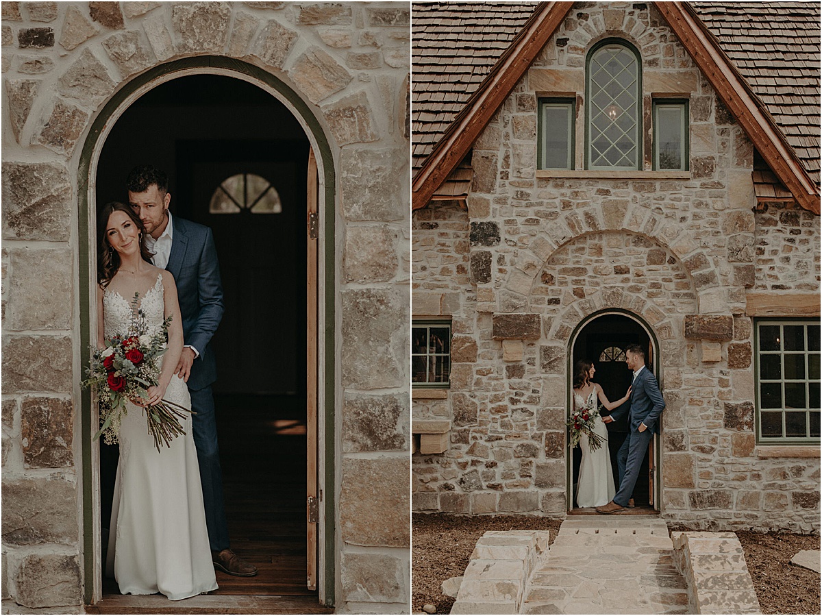 bride and groom standing in doorway of brick cottage