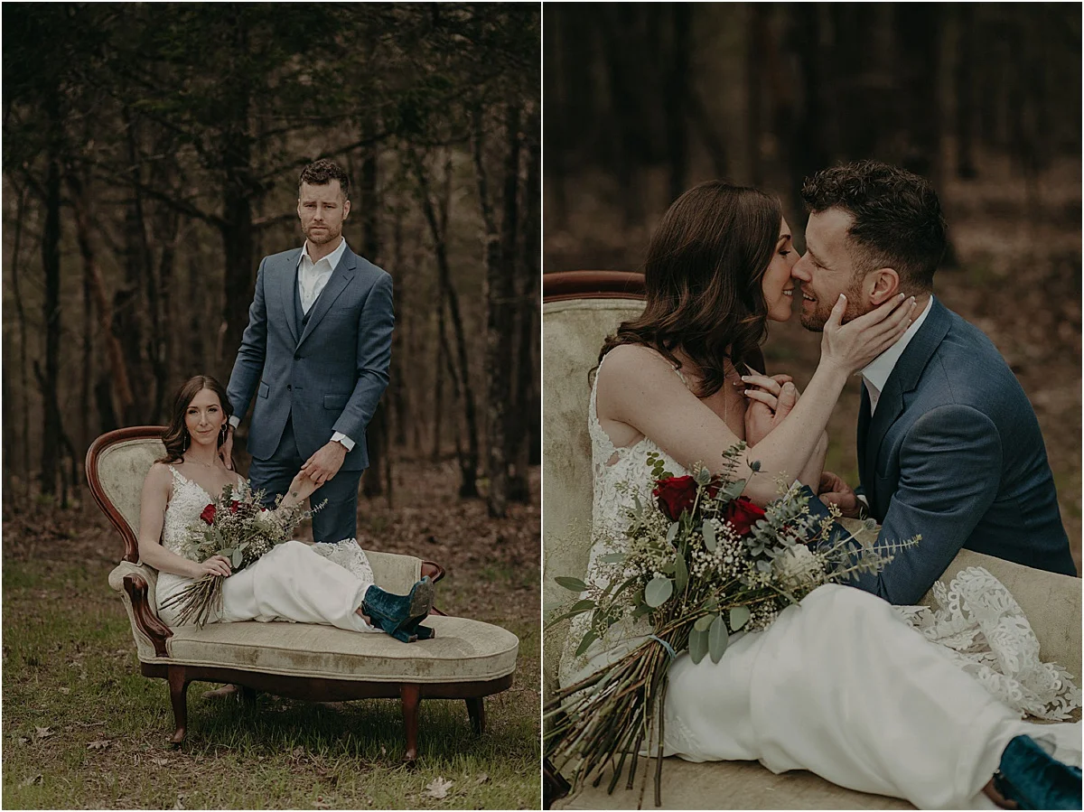 bride and groom embracing on antique sateen in woods
