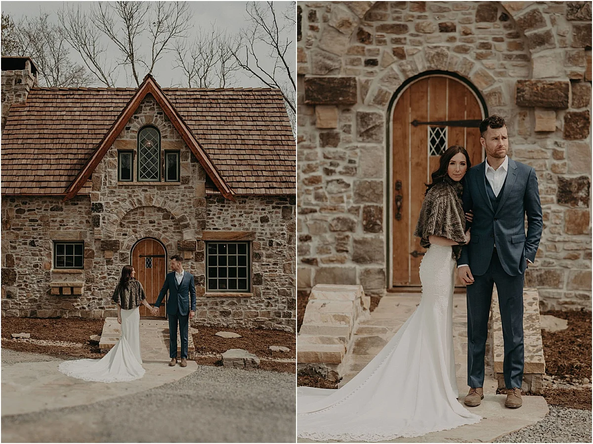 bride and groom posing in front of a georgia brick cottage