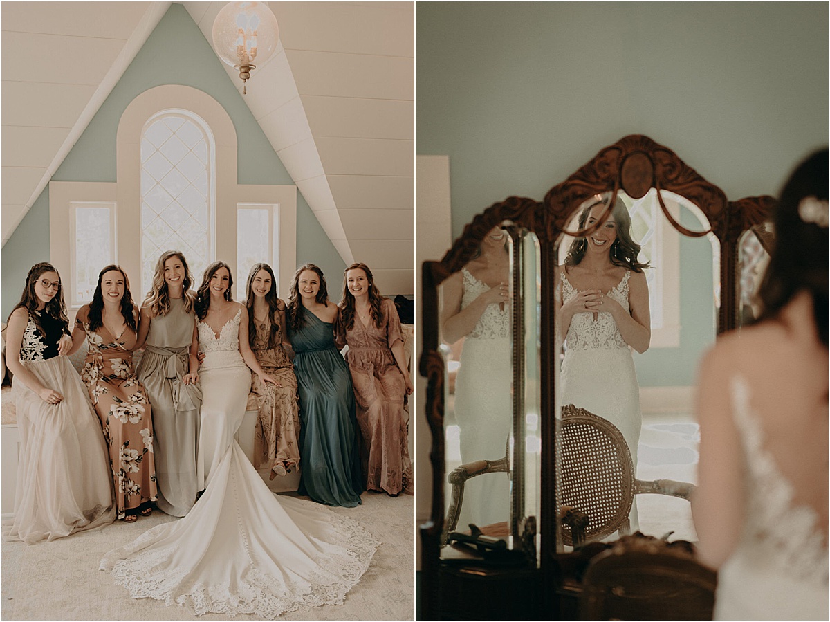 bridal party smiling together before wedding ceremony