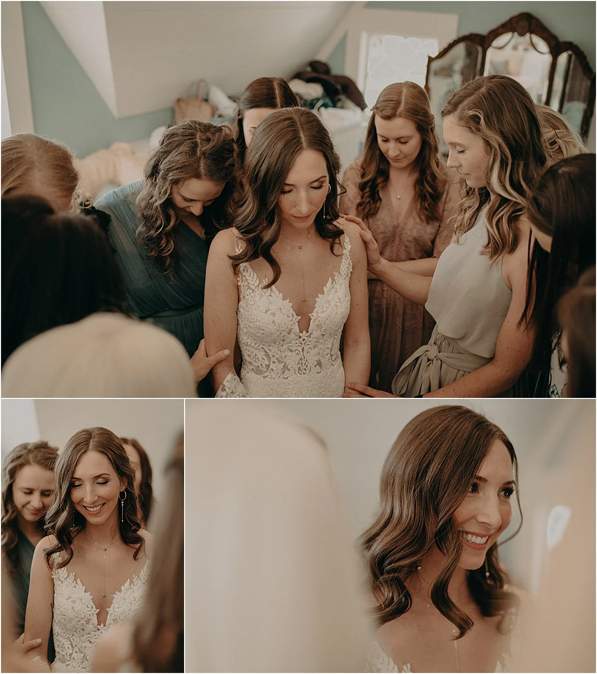 bridesmaids praying over smiling bride before wedding ceremony