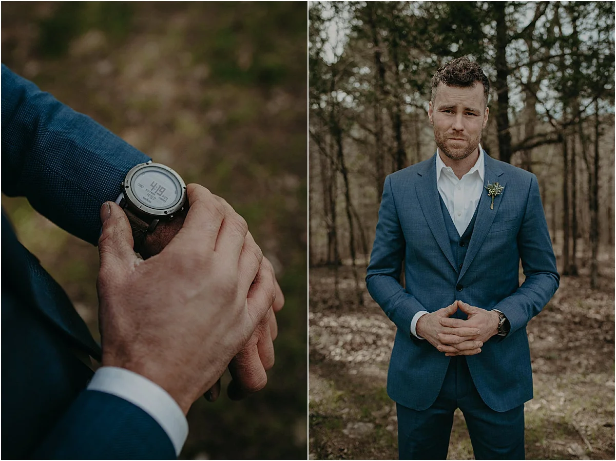 details of a groom in blue suit