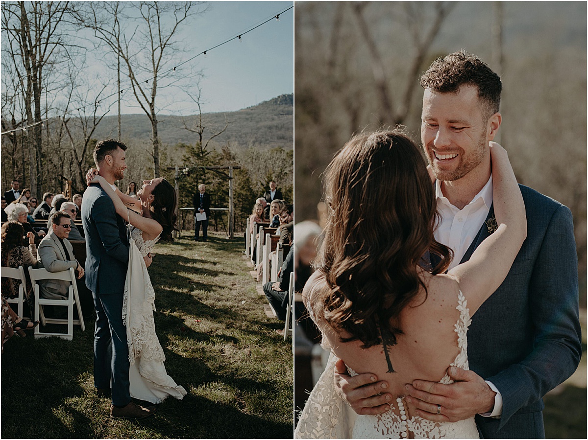 bride and groom dancing in middle of aisle during wedding ceremony