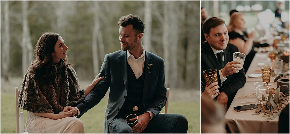 bride and groom gazing at each other during reception toasts