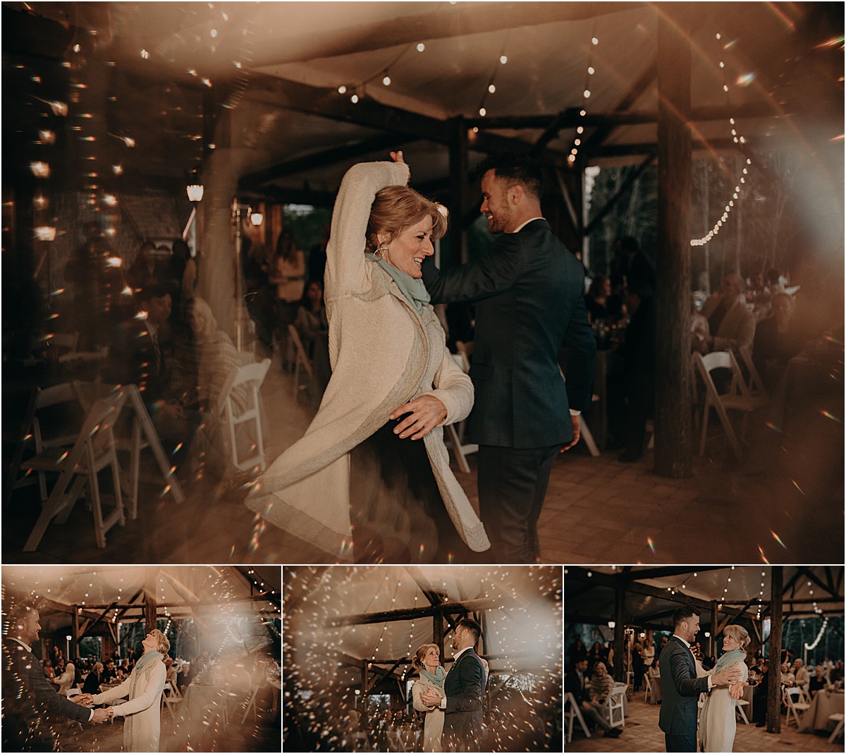 groom and mother dancing during wedding reception