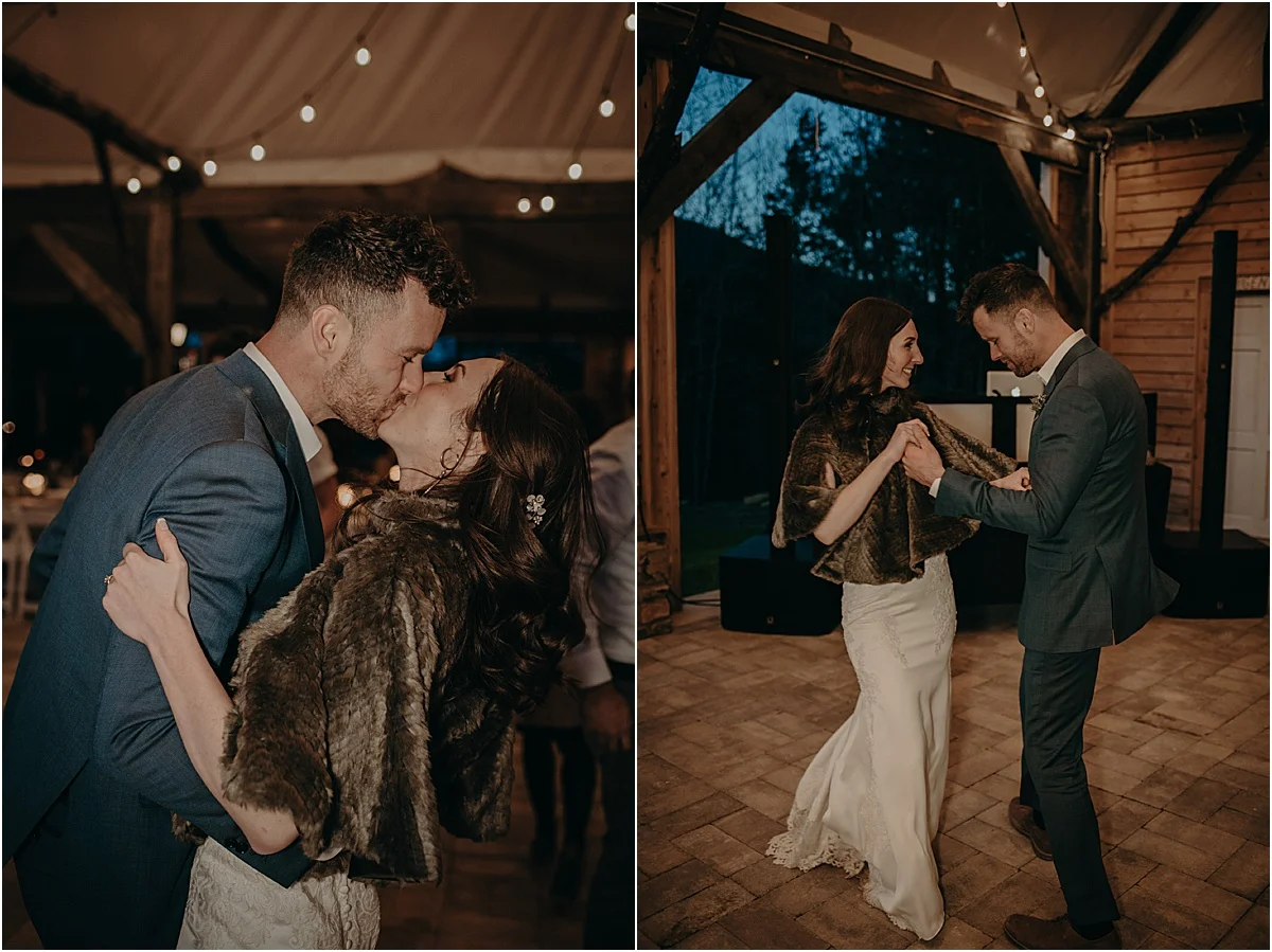bride and groom dancing and kissing during wedding reception