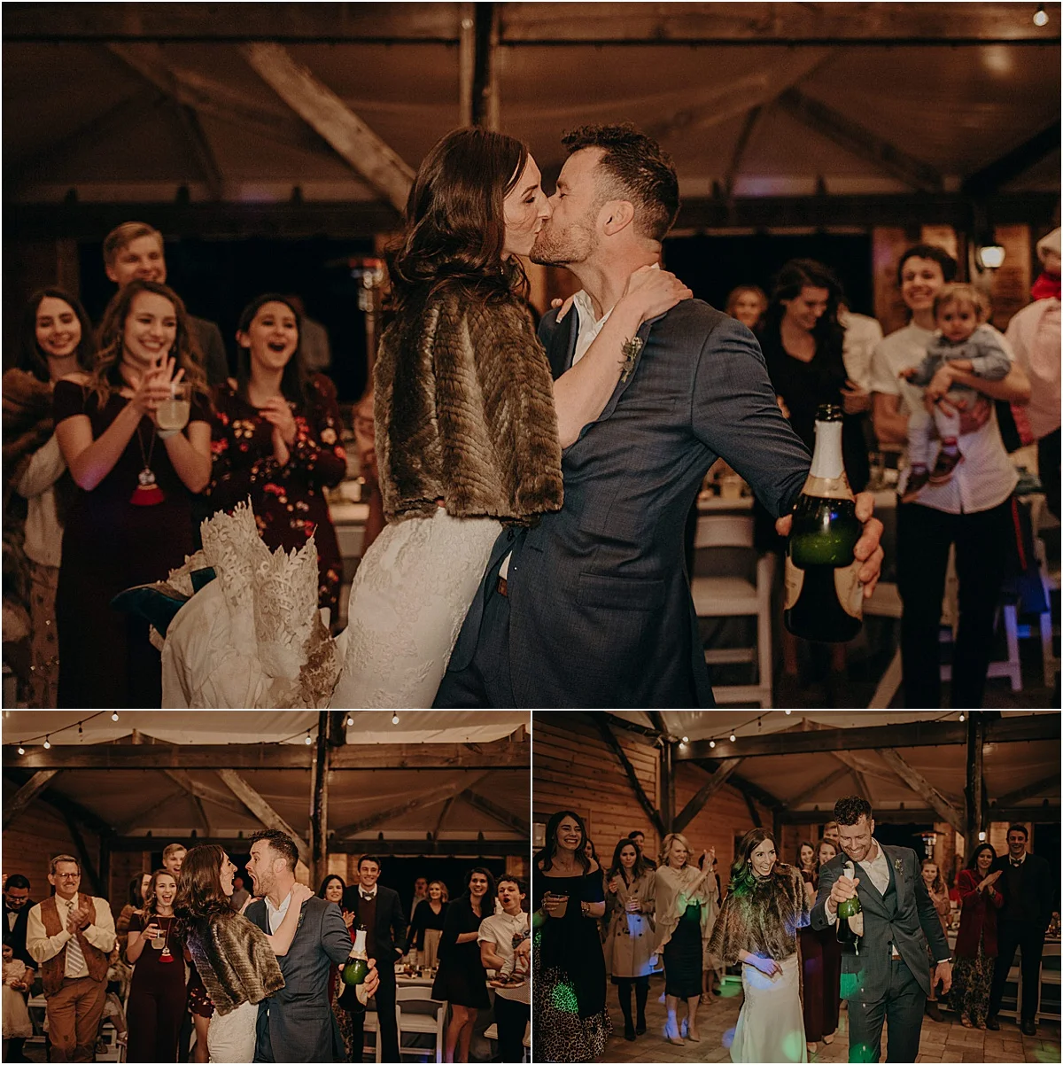 bride and groom popping champagne and kissing in front of guests