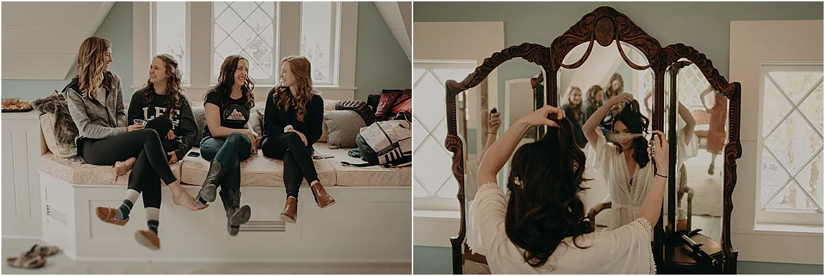 girls getting ready and fixing hair for wedding in blue room