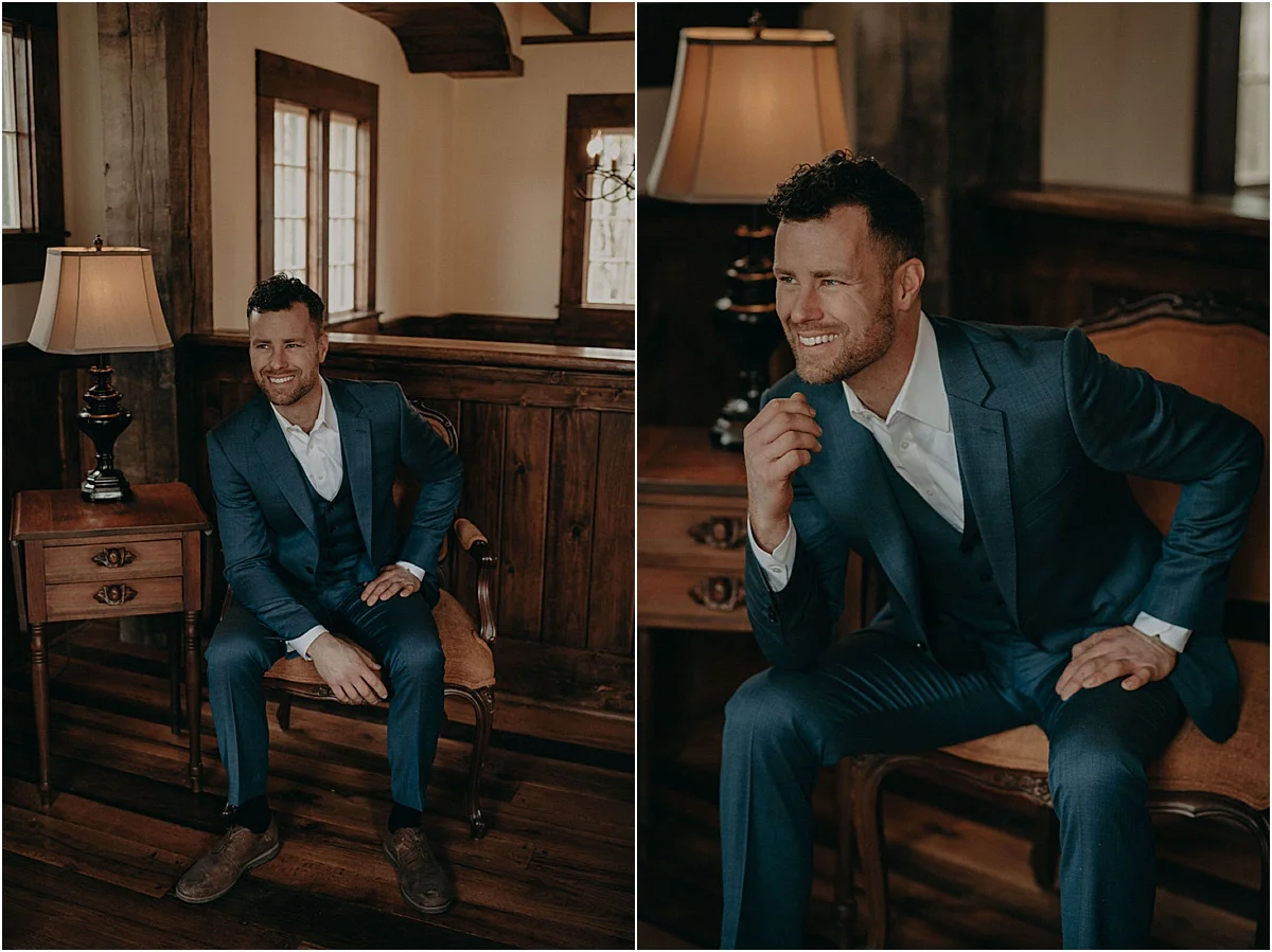 groom in blue suit sitting a rustic room before wedding ceremony