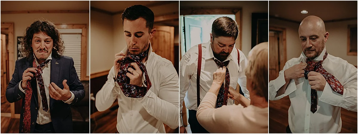 groomsment putting on ties before wedding ceremony