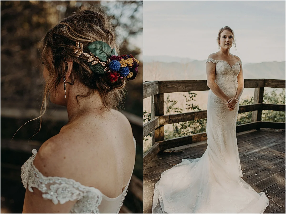 details of brides hair and dress