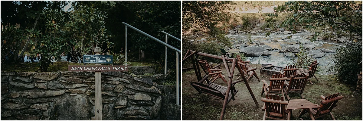 chairs and sign in front of bear creek falls at tapoco lodge