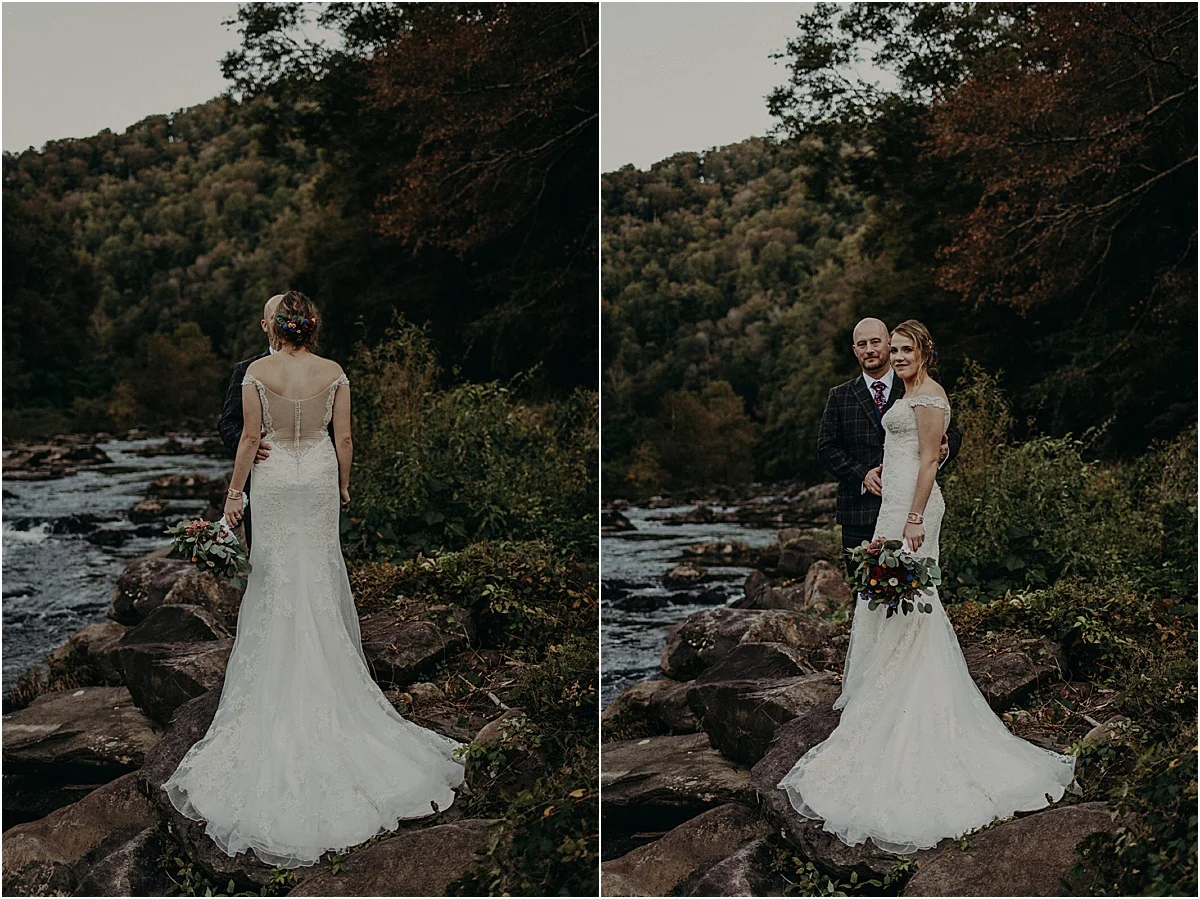 bride and groom embracing in front of river in north carolina
