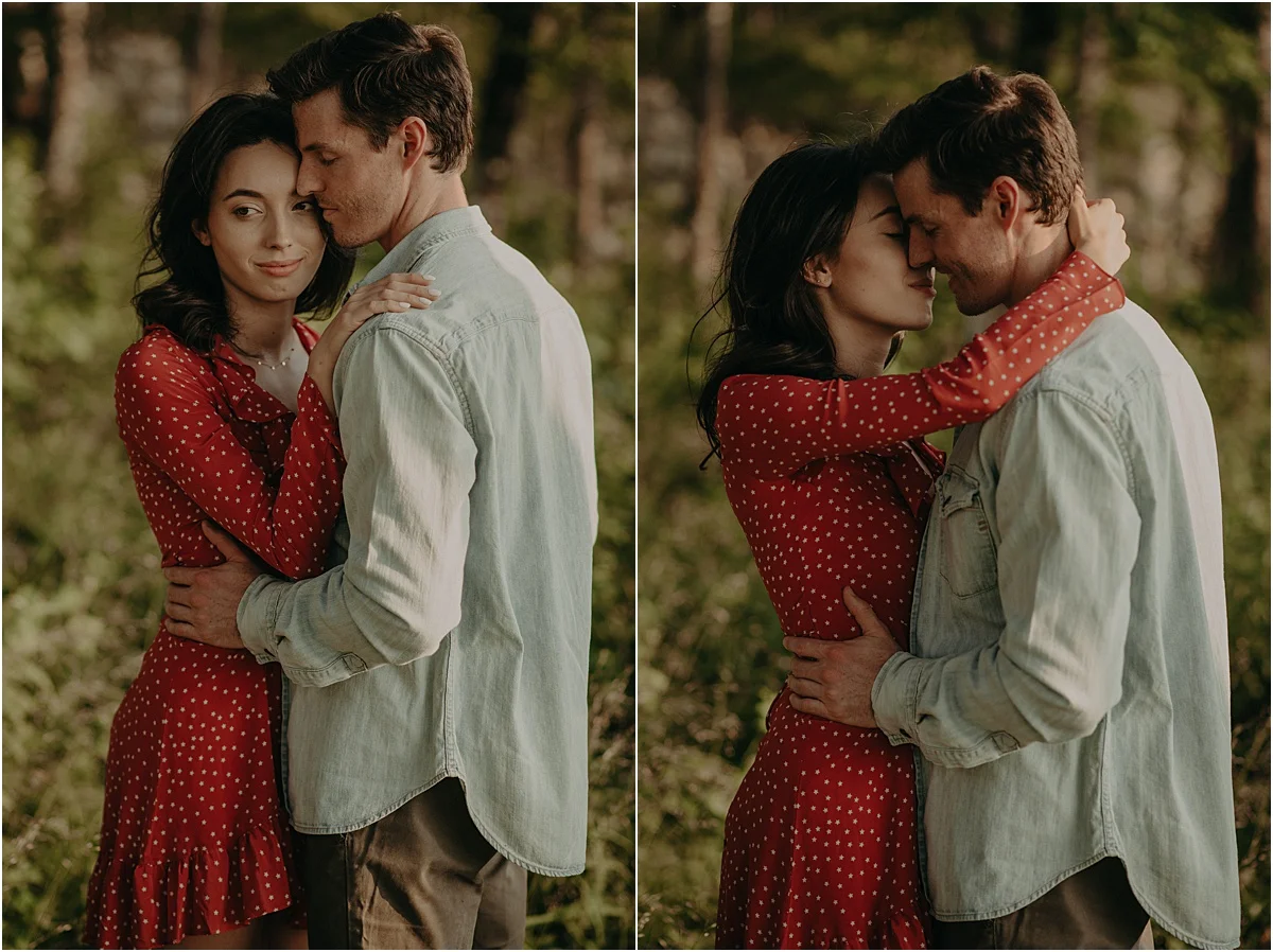 engaged couple embracing during engagement session