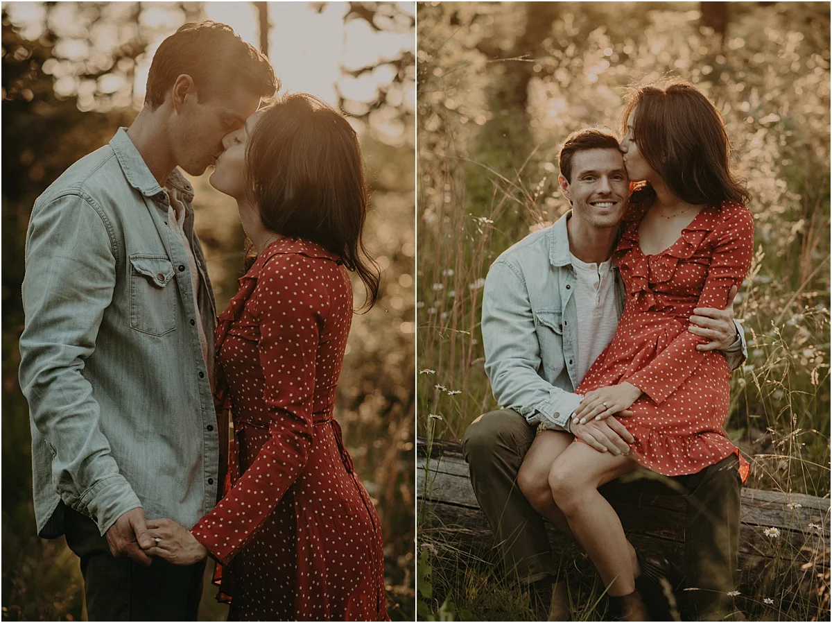 engaged couple kissing in the tennessee woods