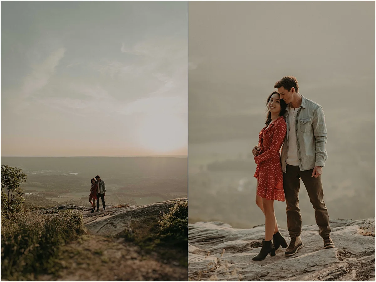 engaged couple posing on rocks in tennessee hils