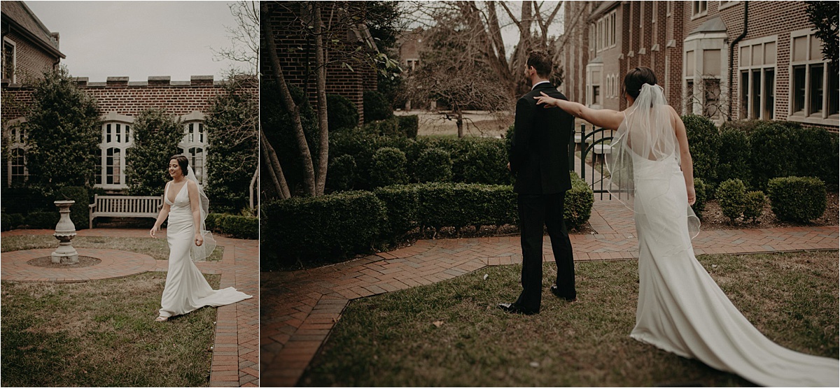 The bride and groom share a first look before their winter wedding ceremony